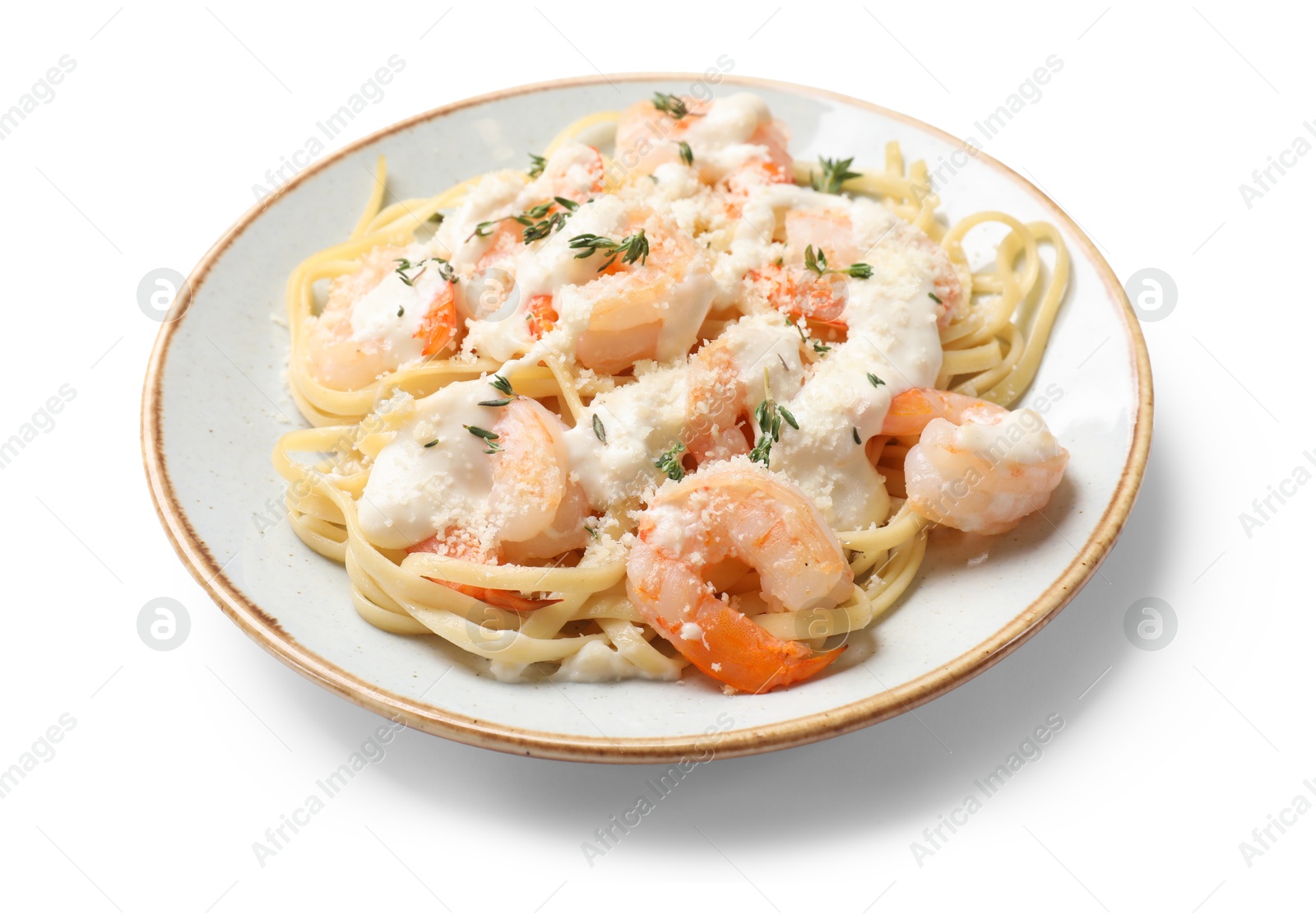 Photo of Tasty pasta with shrimps, creamy sauce and cheese isolated on white