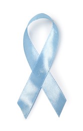 Photo of Light blue ribbon isolated on white, top view. Prostate cancer awareness