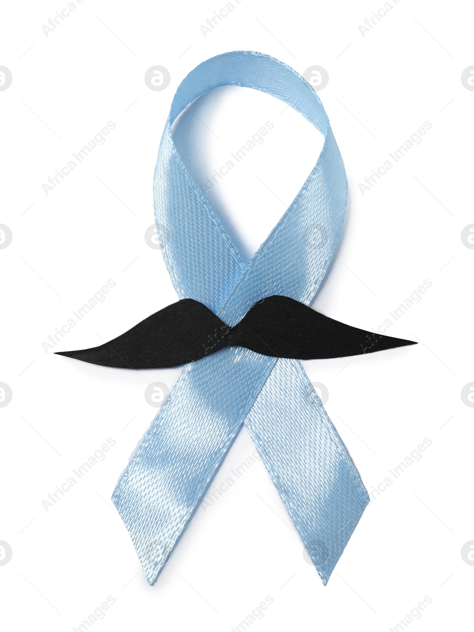 Photo of Light blue ribbon and fake mustache isolated on white, top view. Prostate cancer awareness