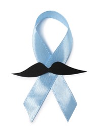 Photo of Light blue ribbon and fake mustache isolated on white, top view. Prostate cancer awareness