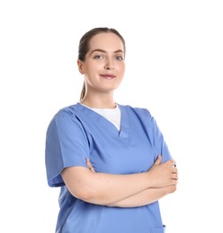 Photo of Portrait of professional nurse in uniform on white background