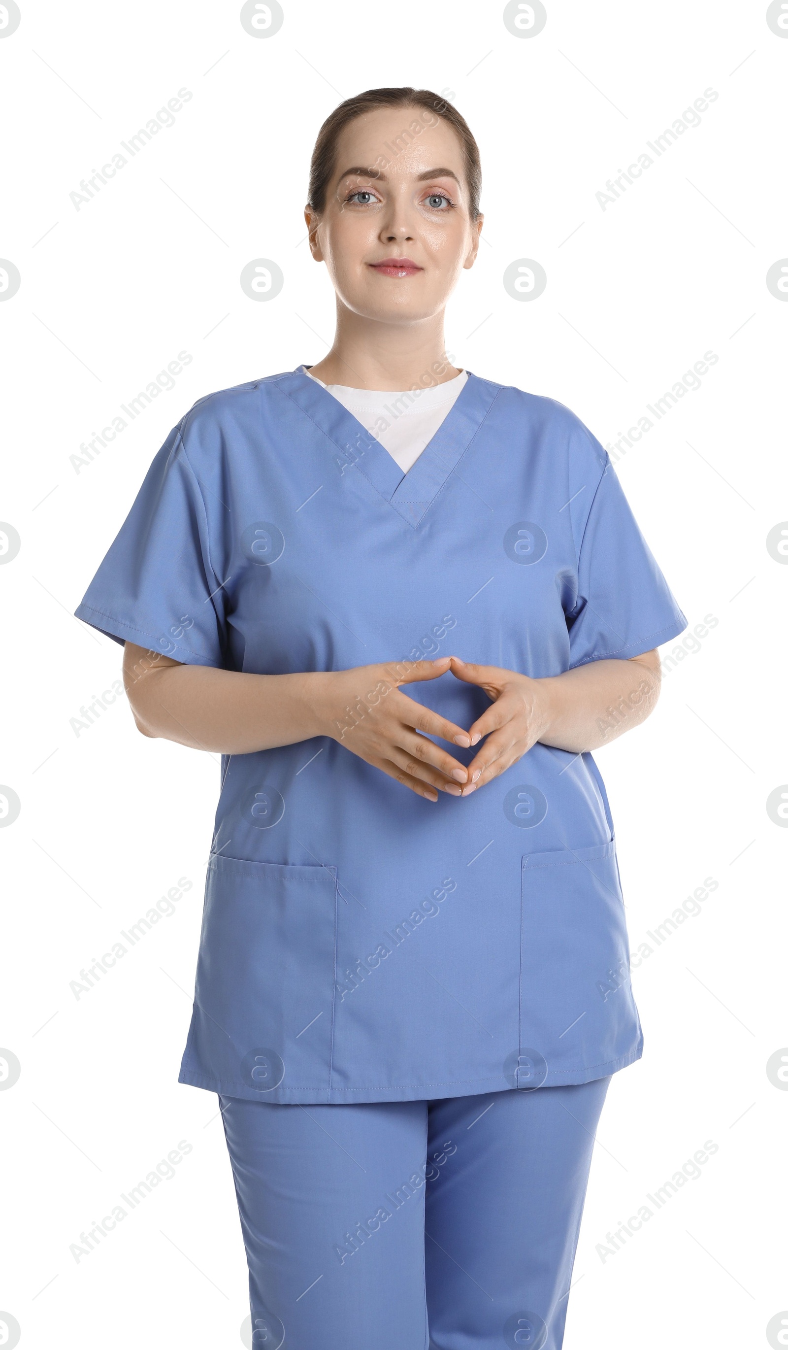 Photo of Portrait of professional nurse in uniform on white background