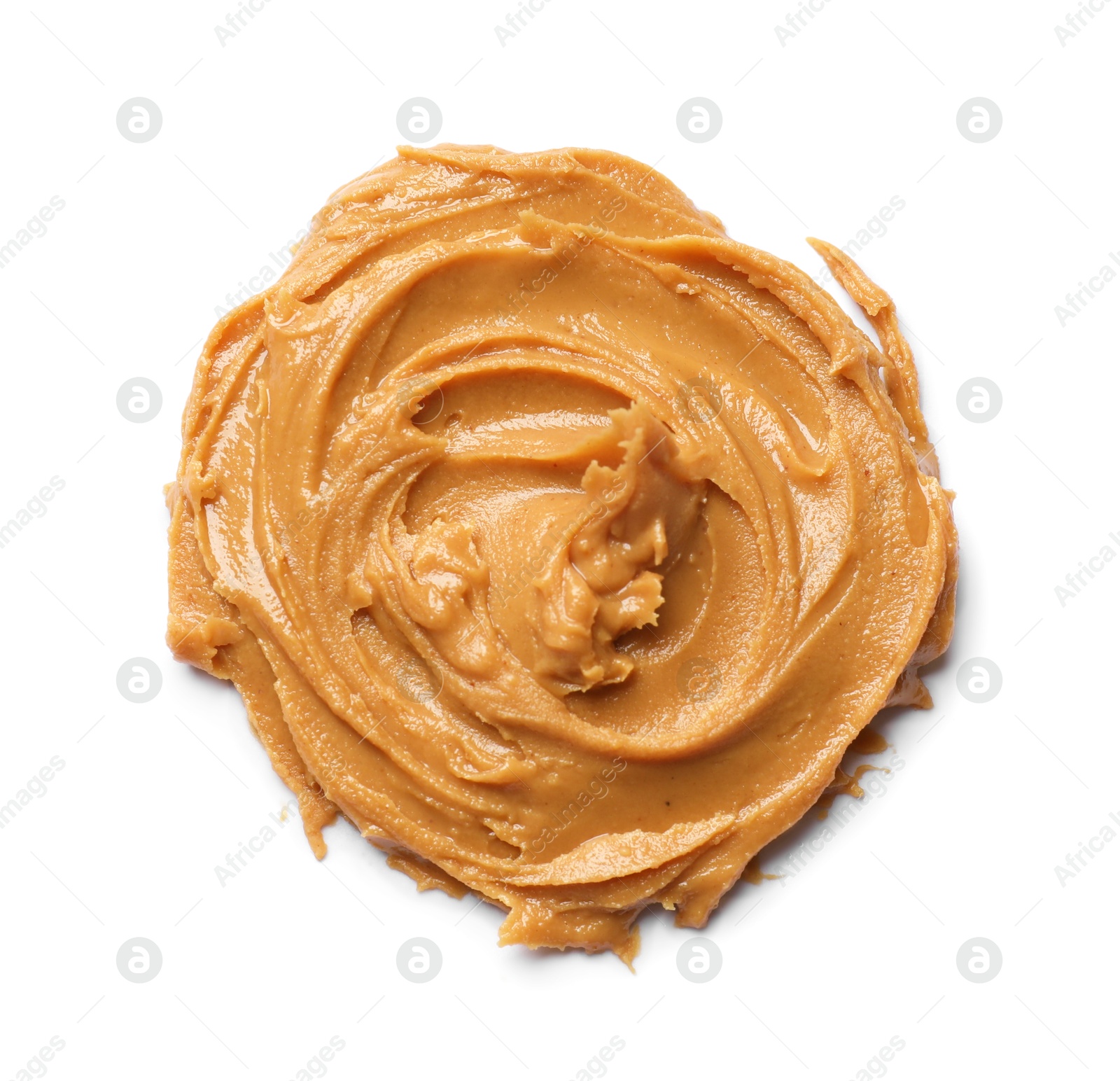 Photo of Tasty peanut butter on white background, top view