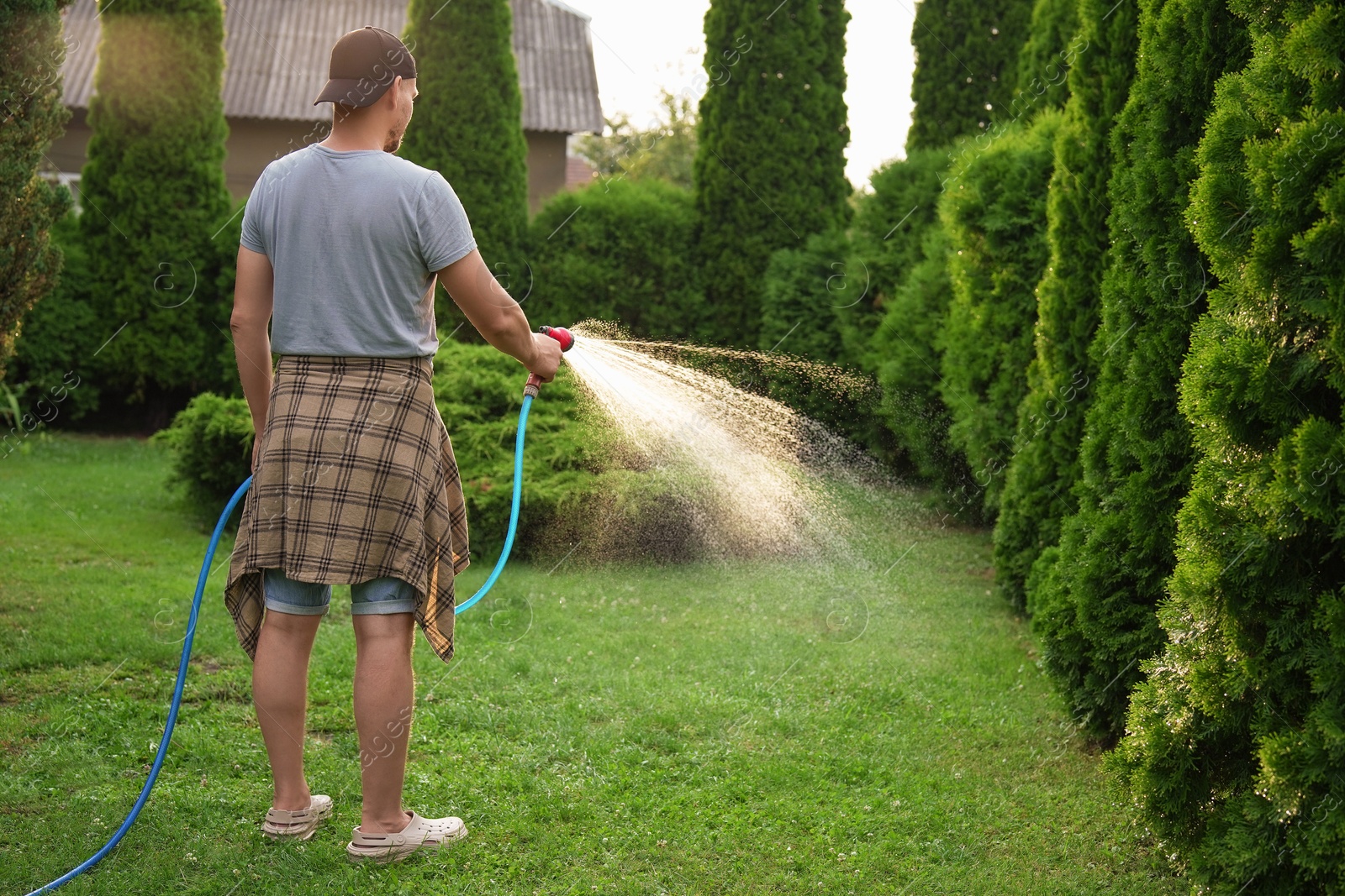 Photo of Man watering lawn with hose in backyard, back view