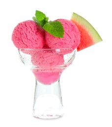 Photo of Scoops of tasty watermelon sorbet in glass dessert bowl, fresh fruit and mint isolated on white