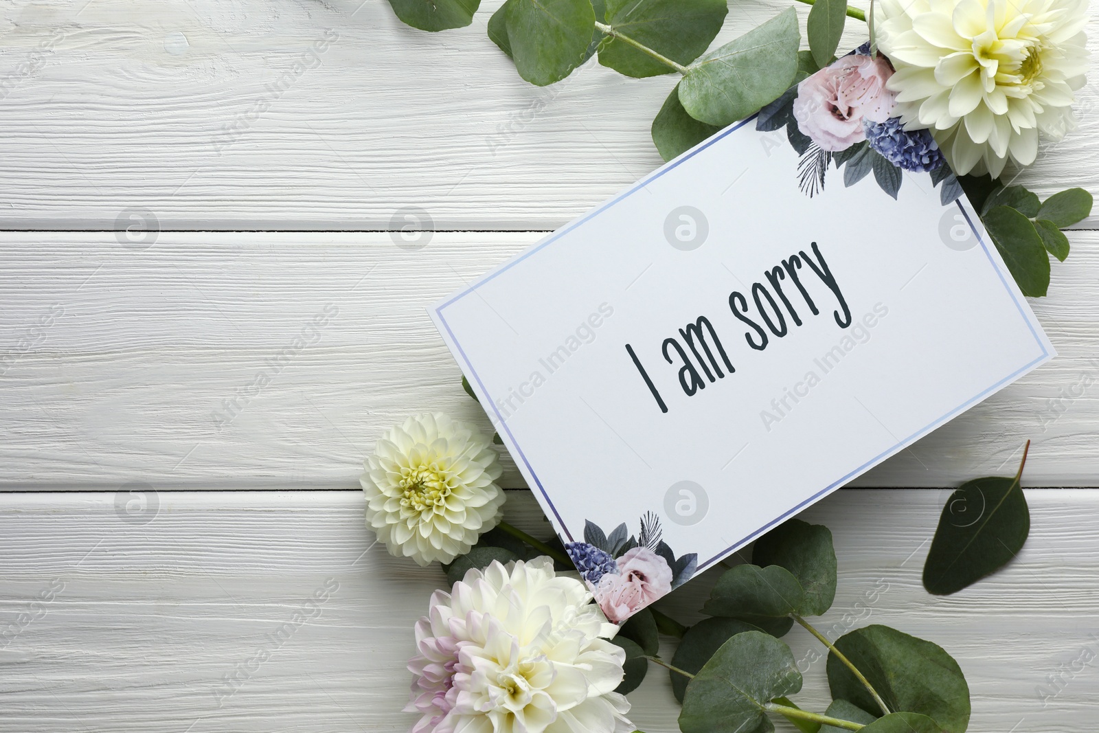 Image of Sorry card and beautiful flowers on white wooden background, top view. Space for text