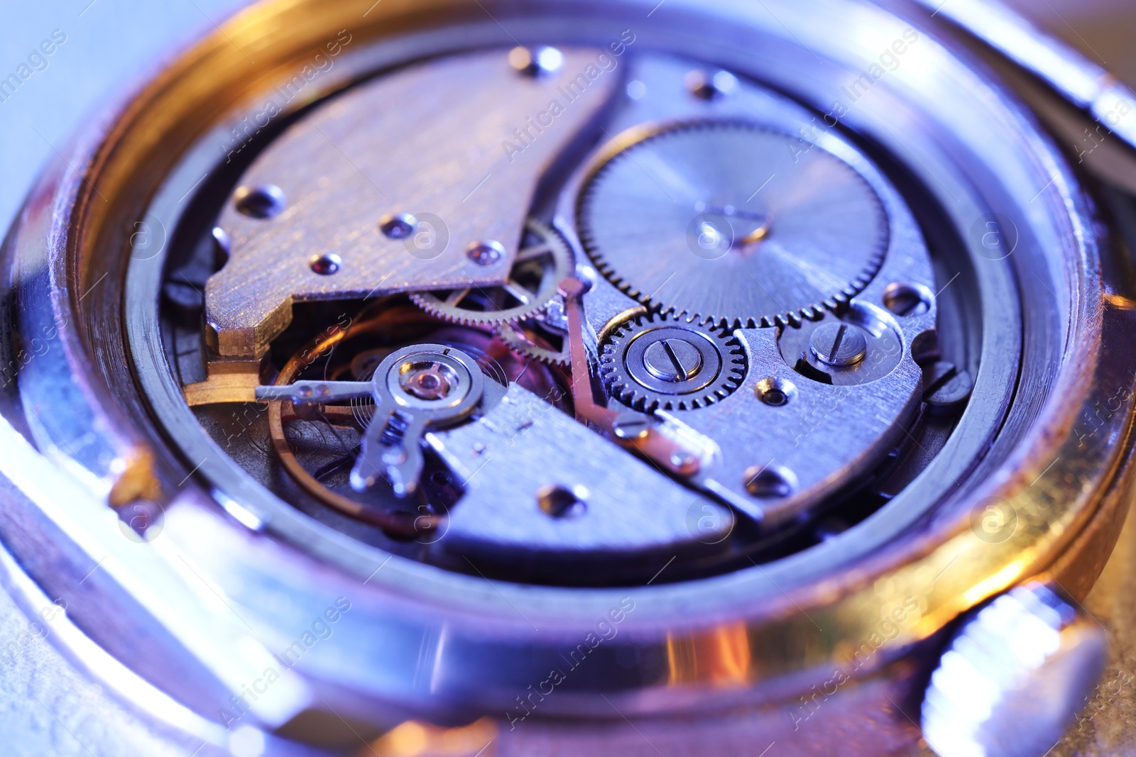 Photo of Mechanism of vintage wrist watch, closeup view