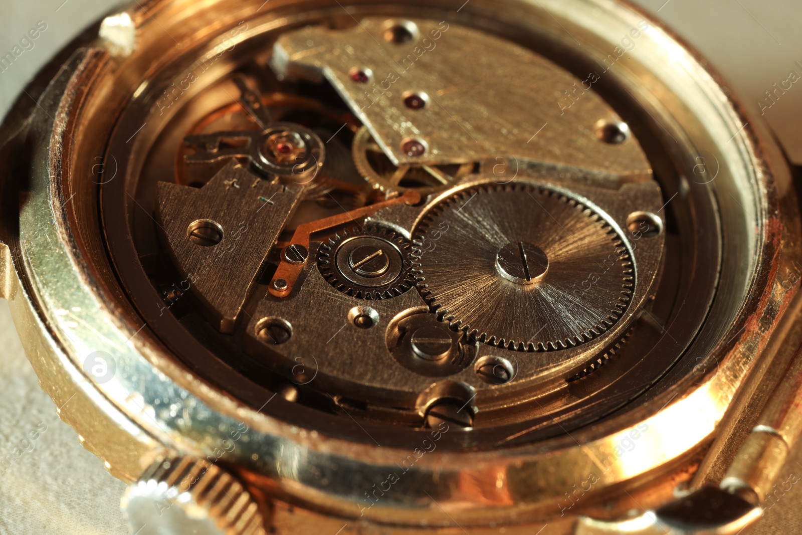 Photo of Mechanism of vintage wrist watch, closeup view