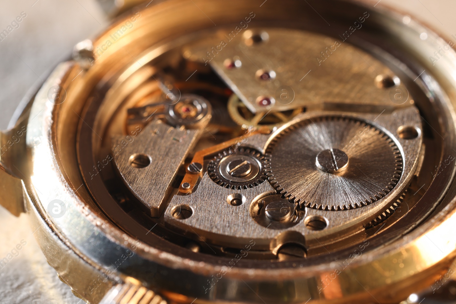 Photo of Mechanism of vintage wrist watch, closeup view