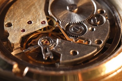 Mechanism of vintage wrist watch, closeup view