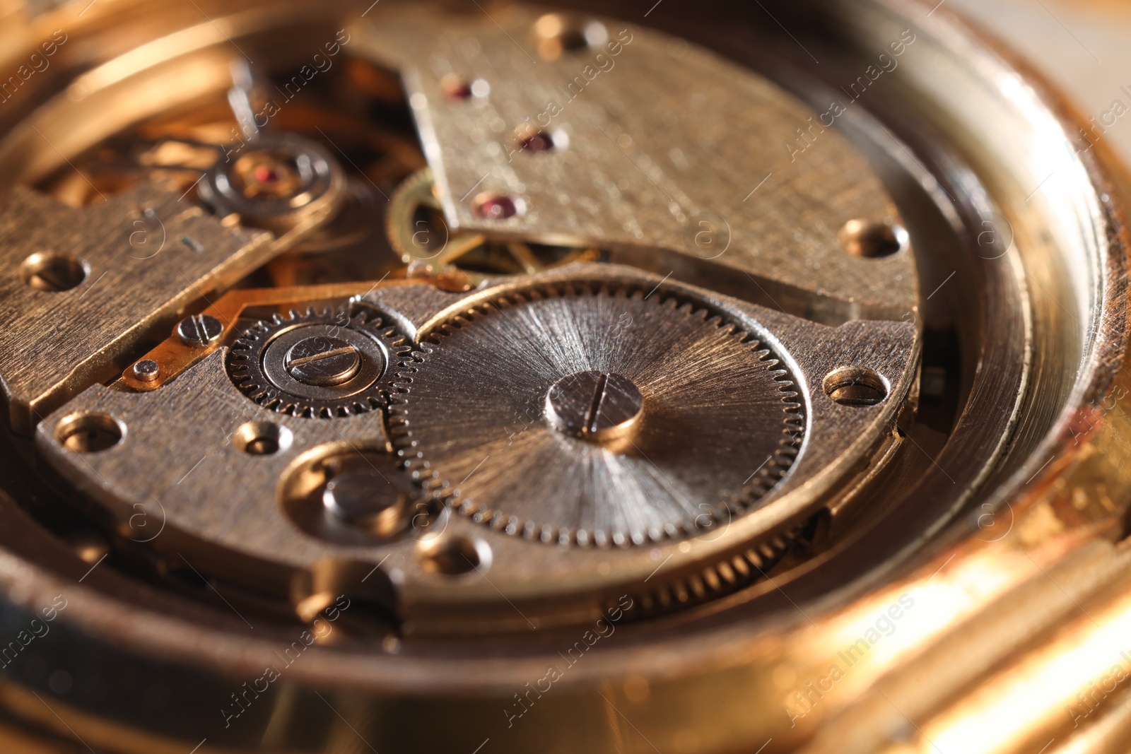 Photo of Mechanism of vintage wrist watch, closeup view