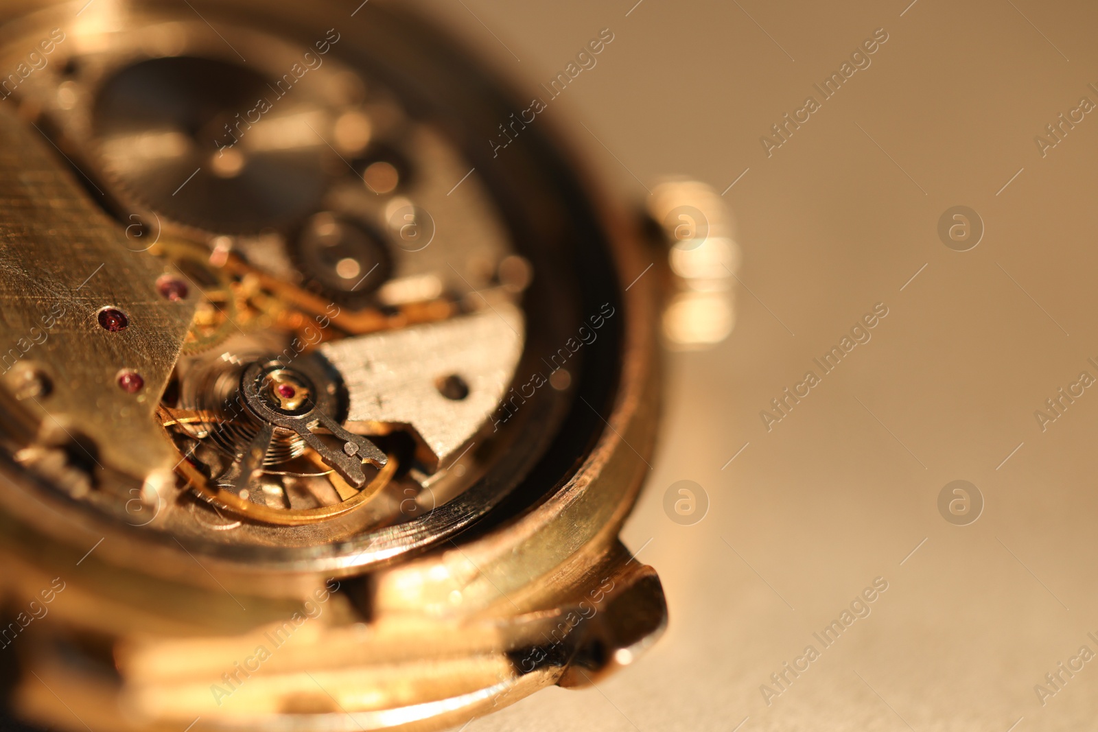 Photo of Mechanism of vintage wrist watch on light background, closeup. Space for text