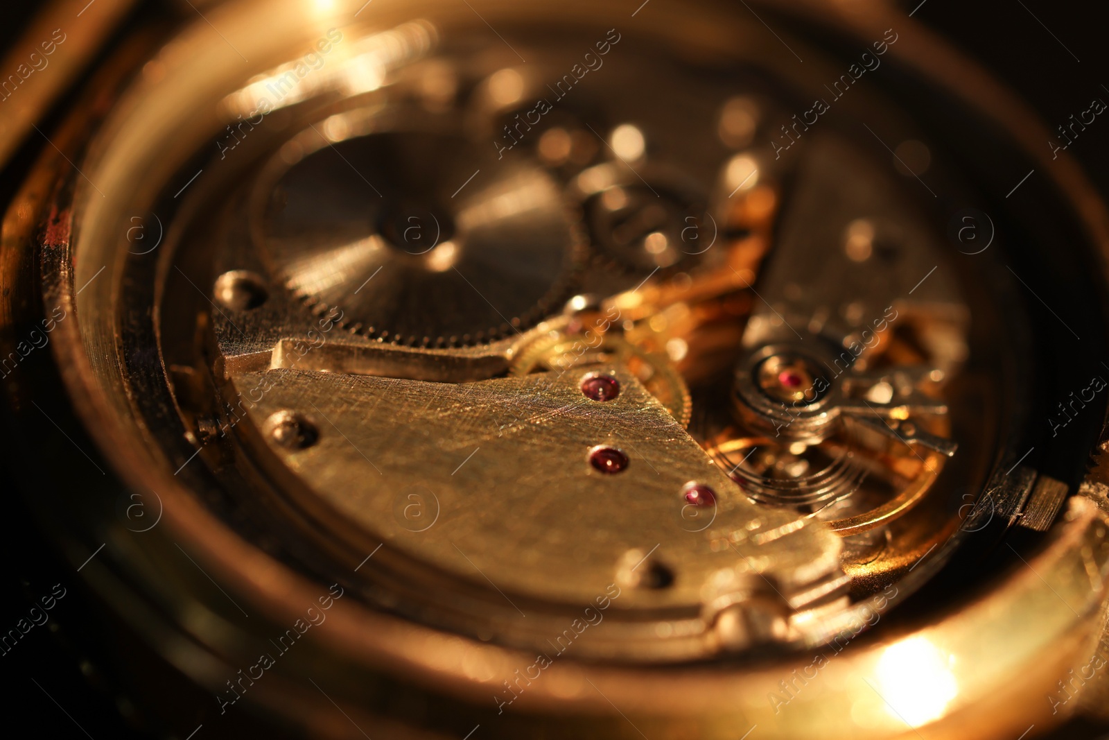 Photo of Mechanism of vintage wrist watch, closeup view