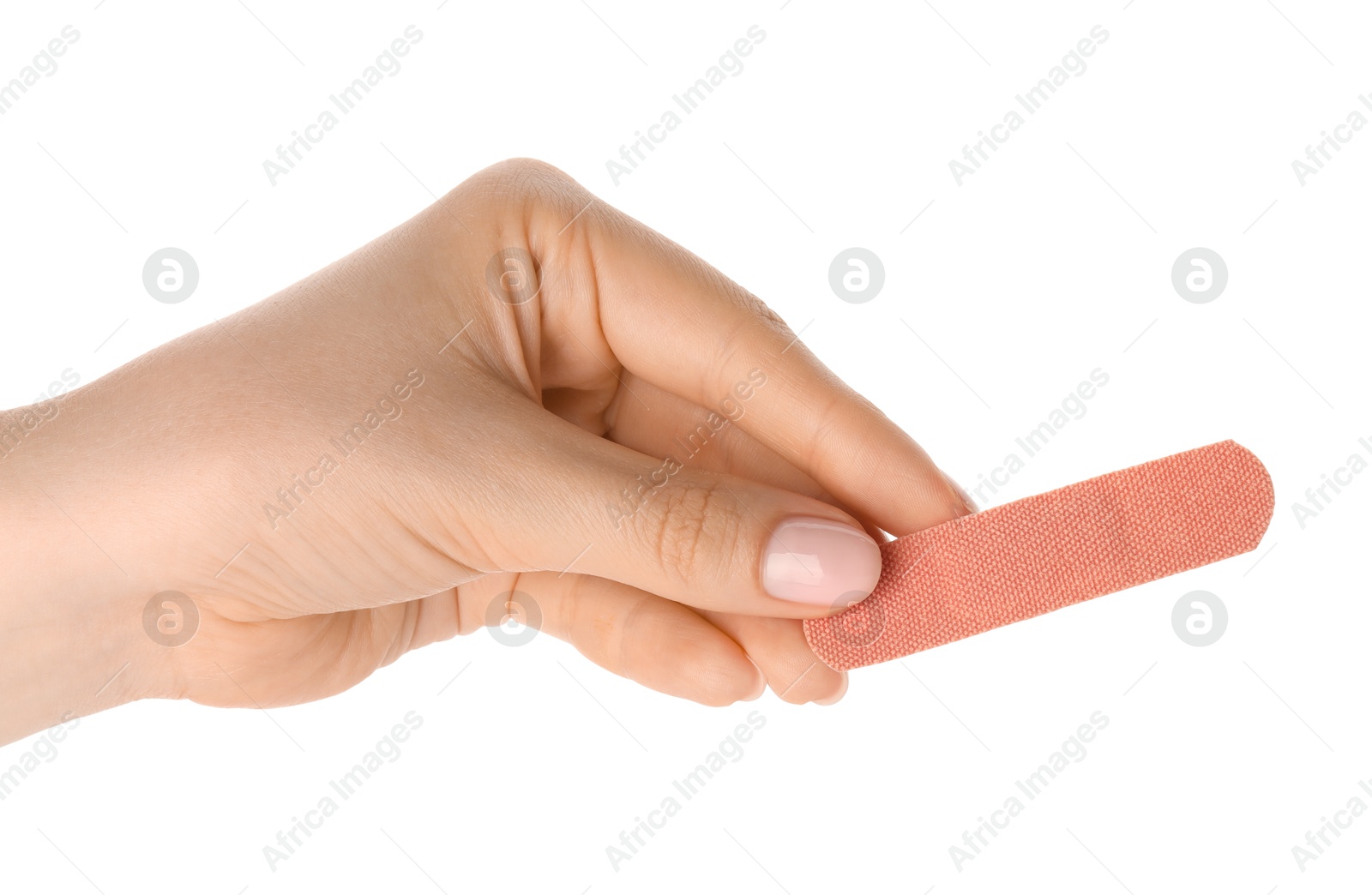 Woman holding medical adhesive bandage on white background, closeup Photo of Woman holding medical adhesive bandage on white background, closeup