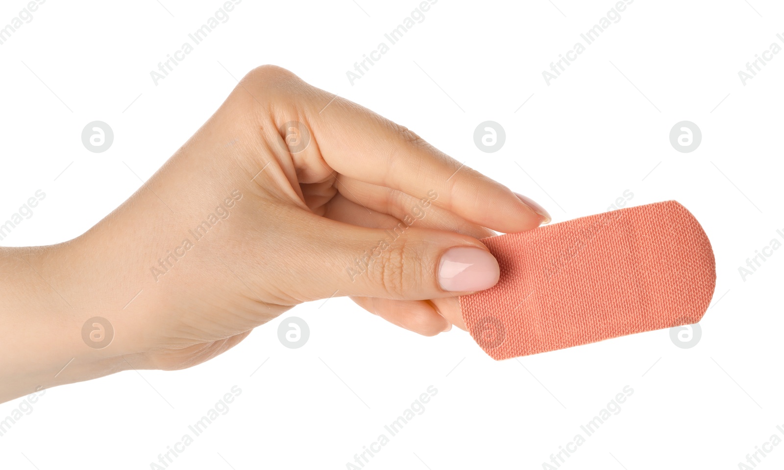 Woman holding medical adhesive bandage on white background, closeup Photo of Woman holding medical adhesive bandage on white background, closeup