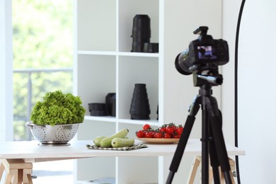 Shooting food in photo studio with professional equipment