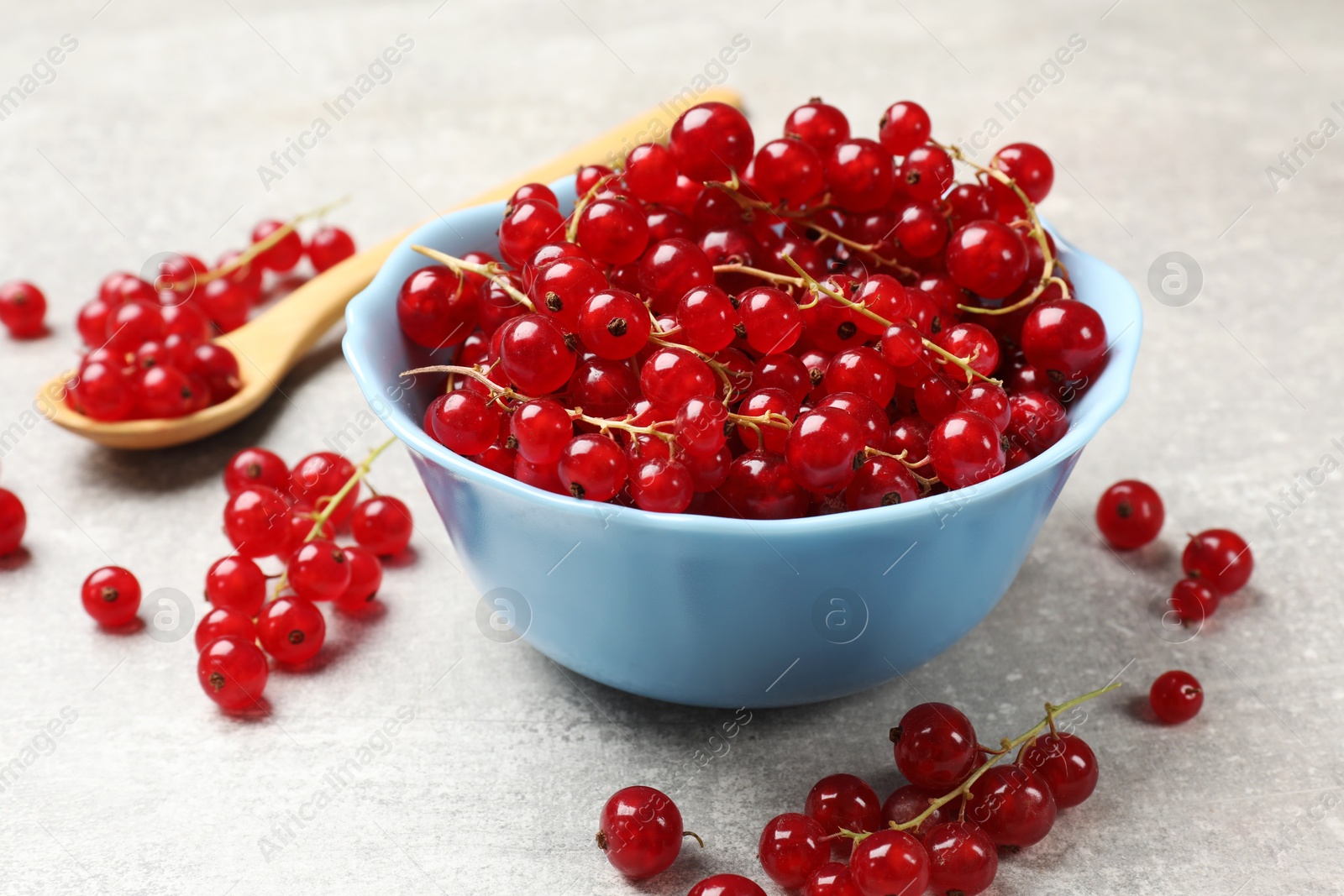 Photo of Fresh red currants on light grey table, closeup