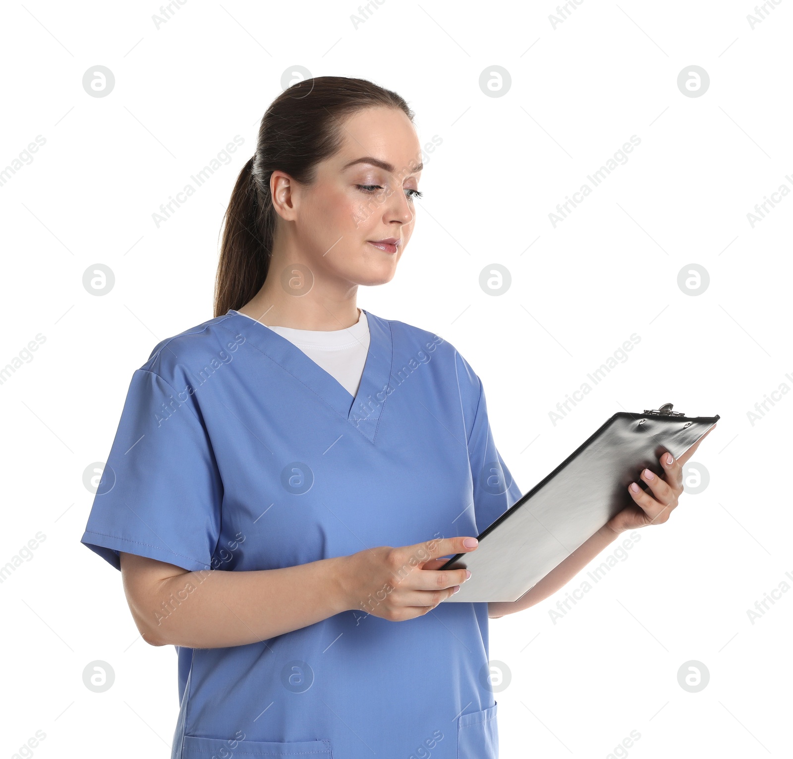 Photo of Professional nurse with clipboard on white background