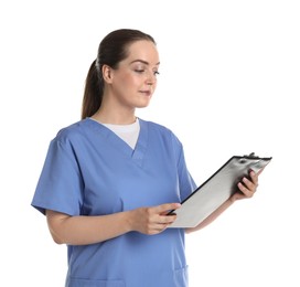 Photo of Professional nurse with clipboard on white background