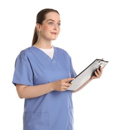 Professional nurse with clipboard on white background