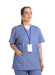 Professional nurse with badge on white background