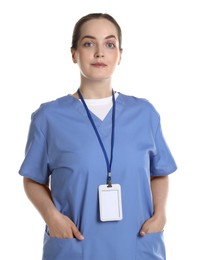 Professional nurse with badge on white background