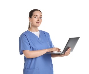 Photo of Professional nurse working with laptop on white background