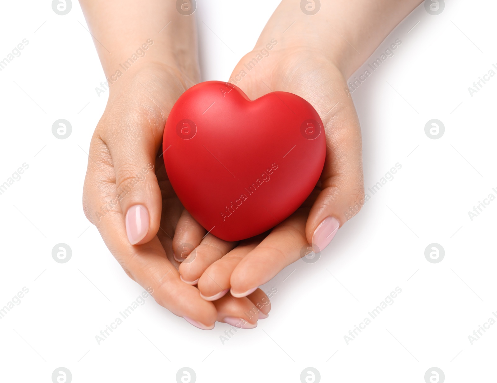 Photo of Woman with red decorative heart at white table, closeup