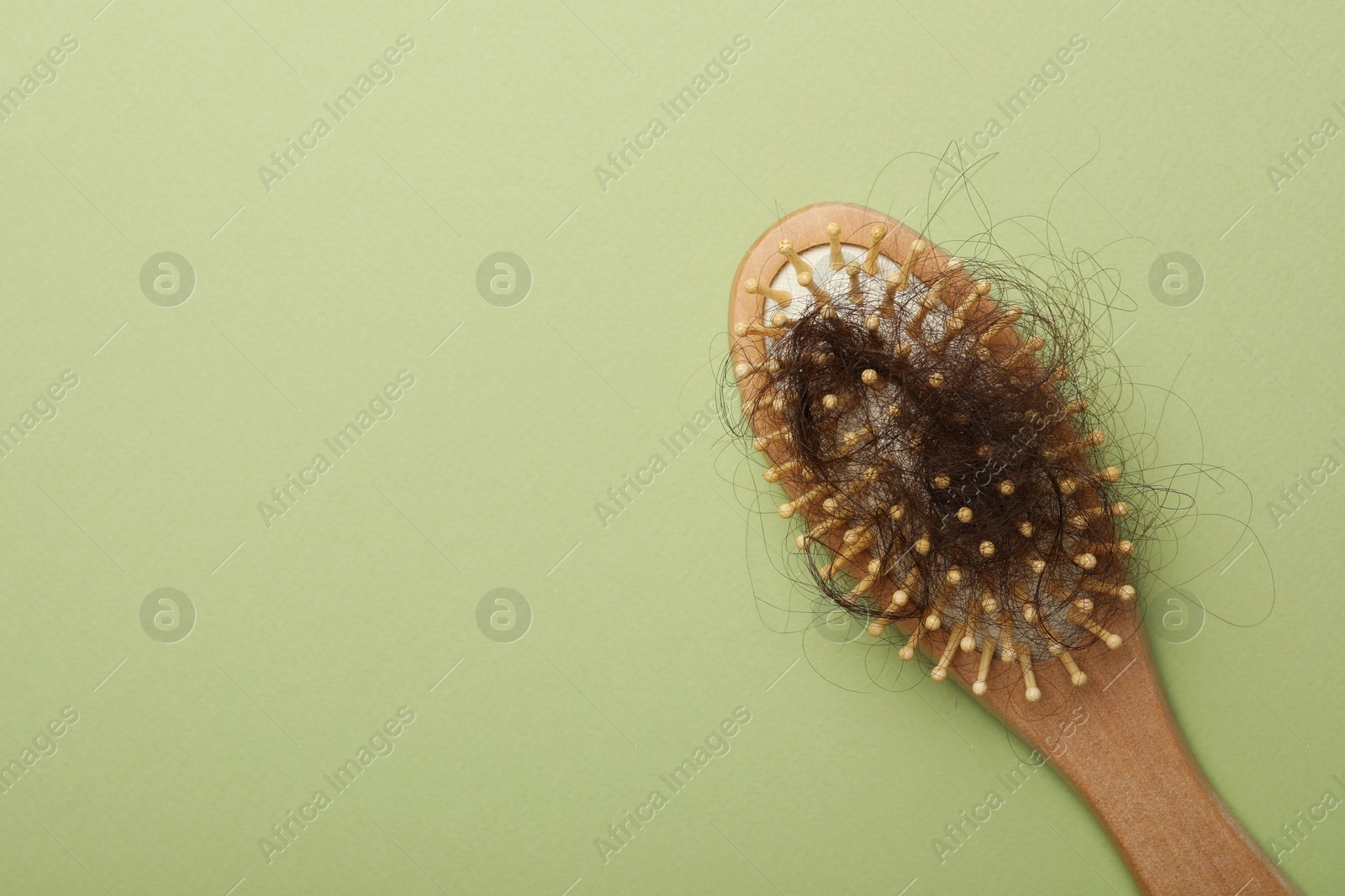 Photo of One brush with lost hair on light olive background, top view. Space for text