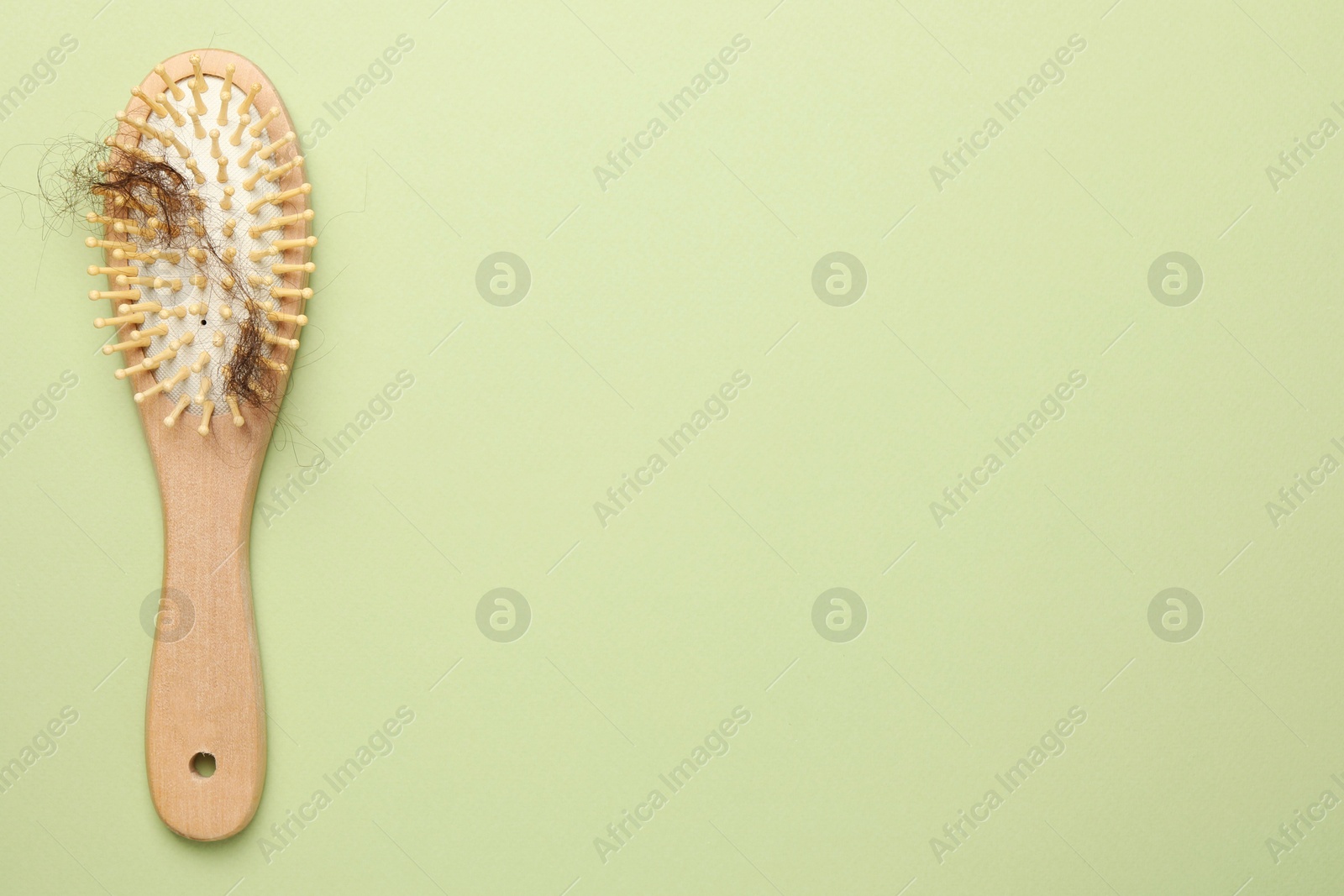 Photo of One brush with lost hair on light olive background, top view. Space for text