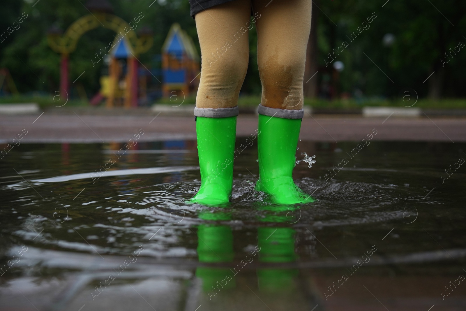 Photo of Little girl wearing green rubber boots walking in puddle outdoors, closeup