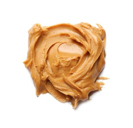 Photo of Tasty peanut butter on white background, top view