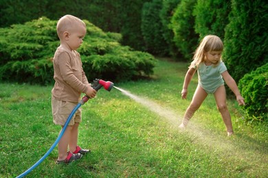 Photo of Little boy and his sister watering lawn with hose in backyard