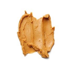 Photo of Smear of tasty peanut butter isolated on white, top view