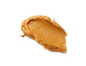 Photo of Smear of tasty peanut butter isolated on white, top view