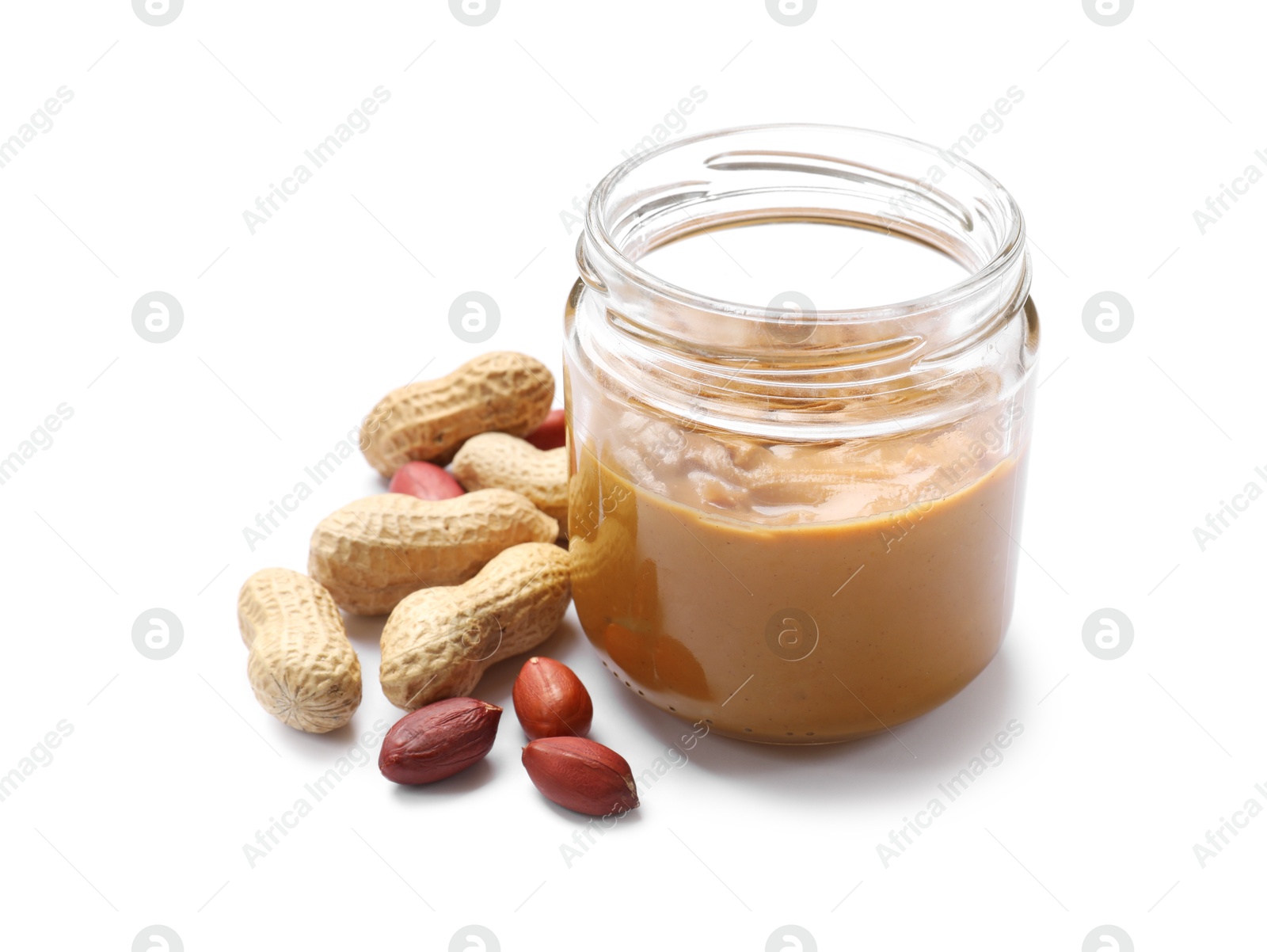 Photo of Tasty peanut butter and nuts isolated on white