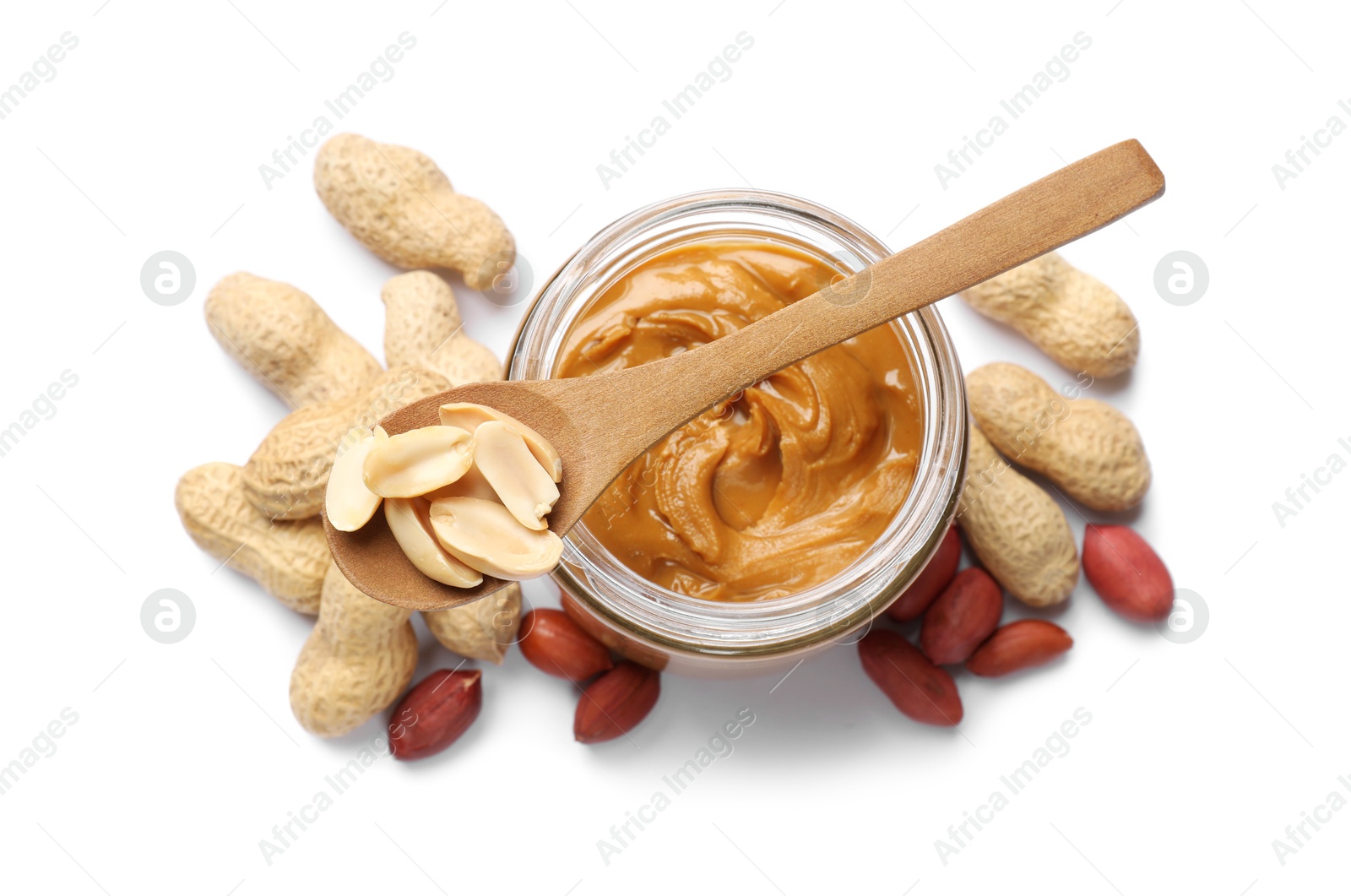 Photo of Tasty peanut butter and nuts isolated on white, top view