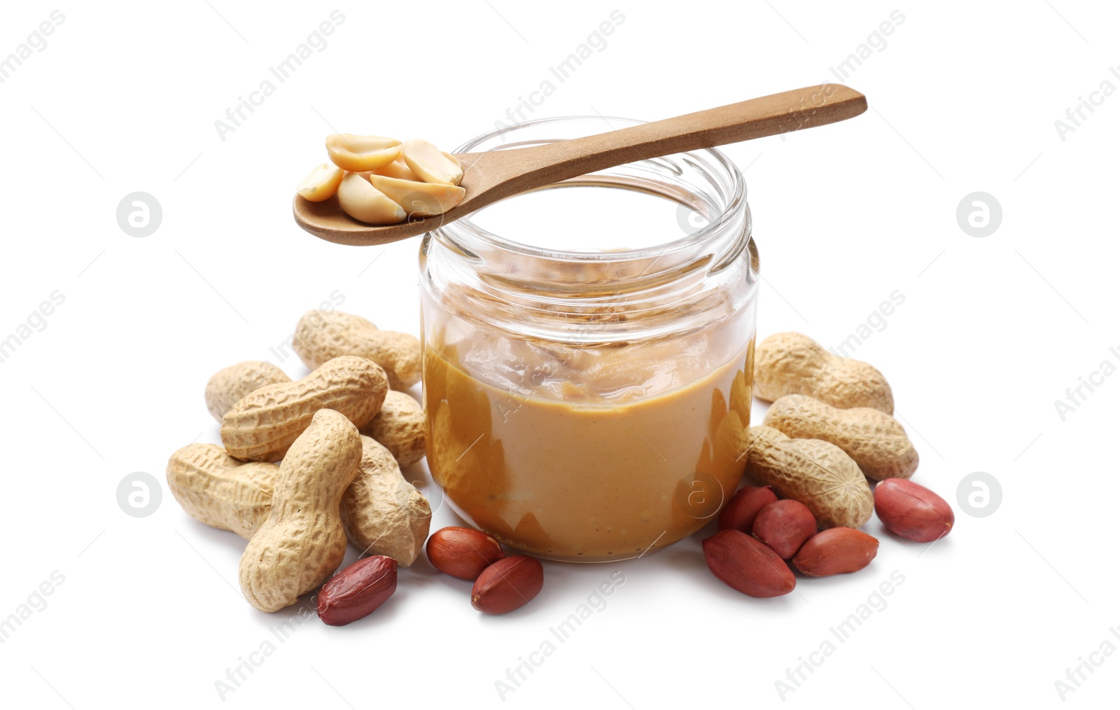 Photo of Tasty peanut butter and nuts isolated on white