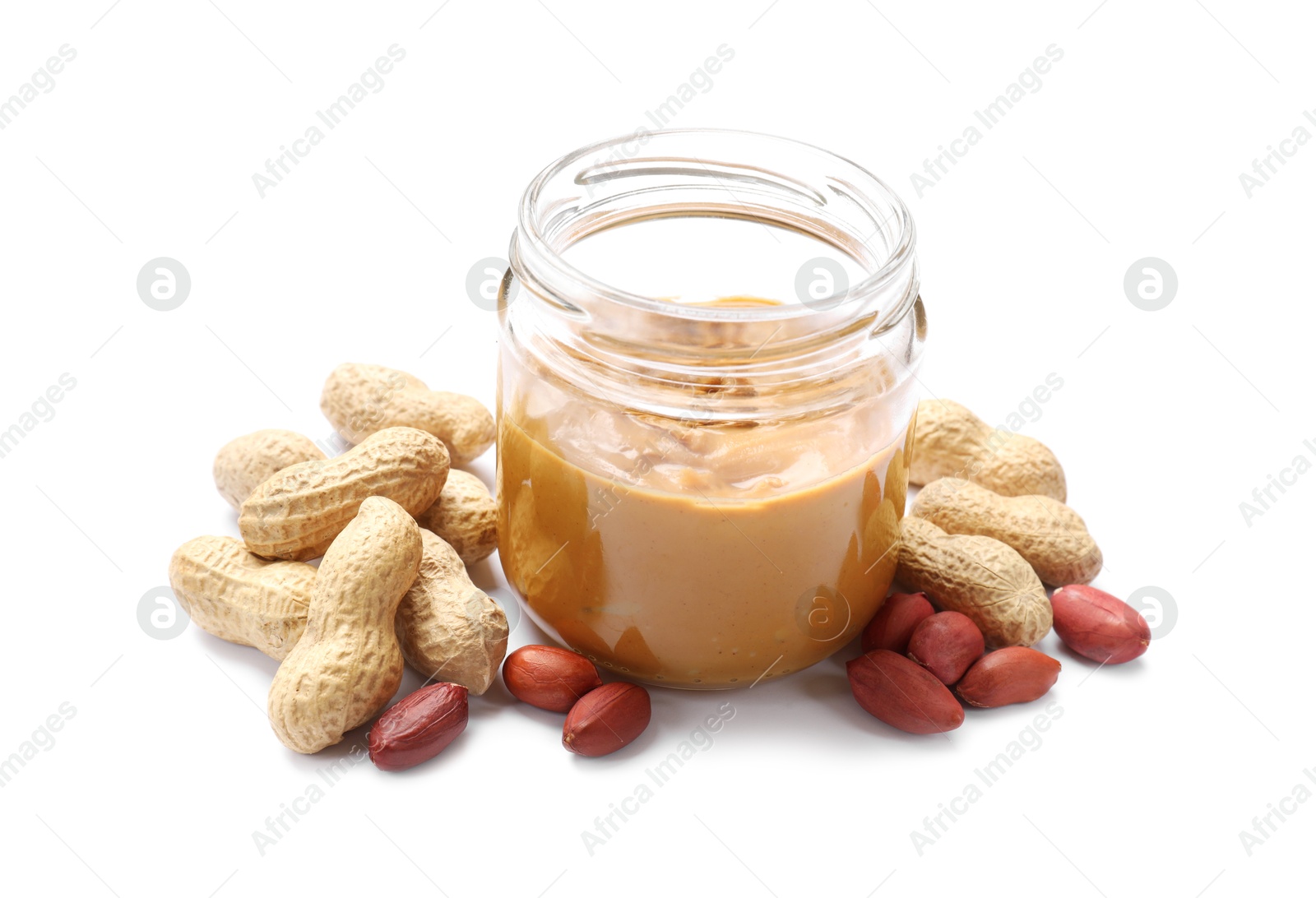 Photo of Tasty peanut butter and nuts isolated on white