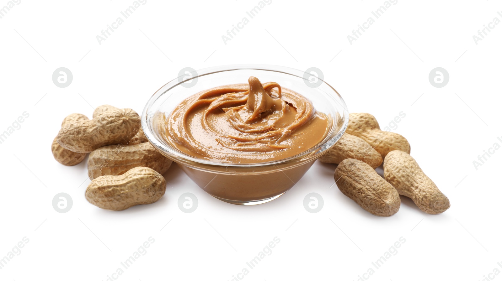 Photo of Tasty peanut butter and nuts isolated on white