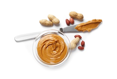 Photo of Tasty peanut butter and nuts isolated on white, top view