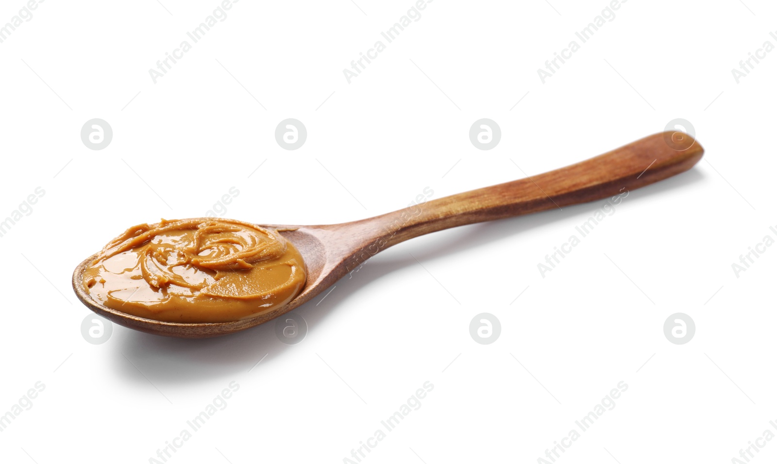 Photo of Tasty peanut butter in spoon isolated on white