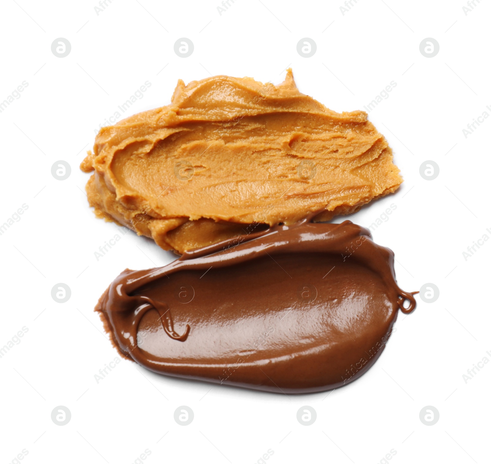 Photo of Tasty peanut butter isolated on white, top view