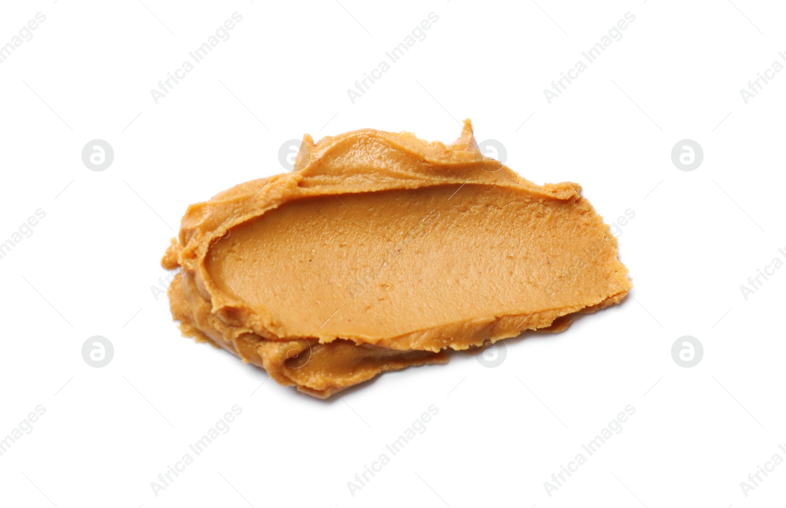 Photo of Tasty peanut butter isolated on white, top view