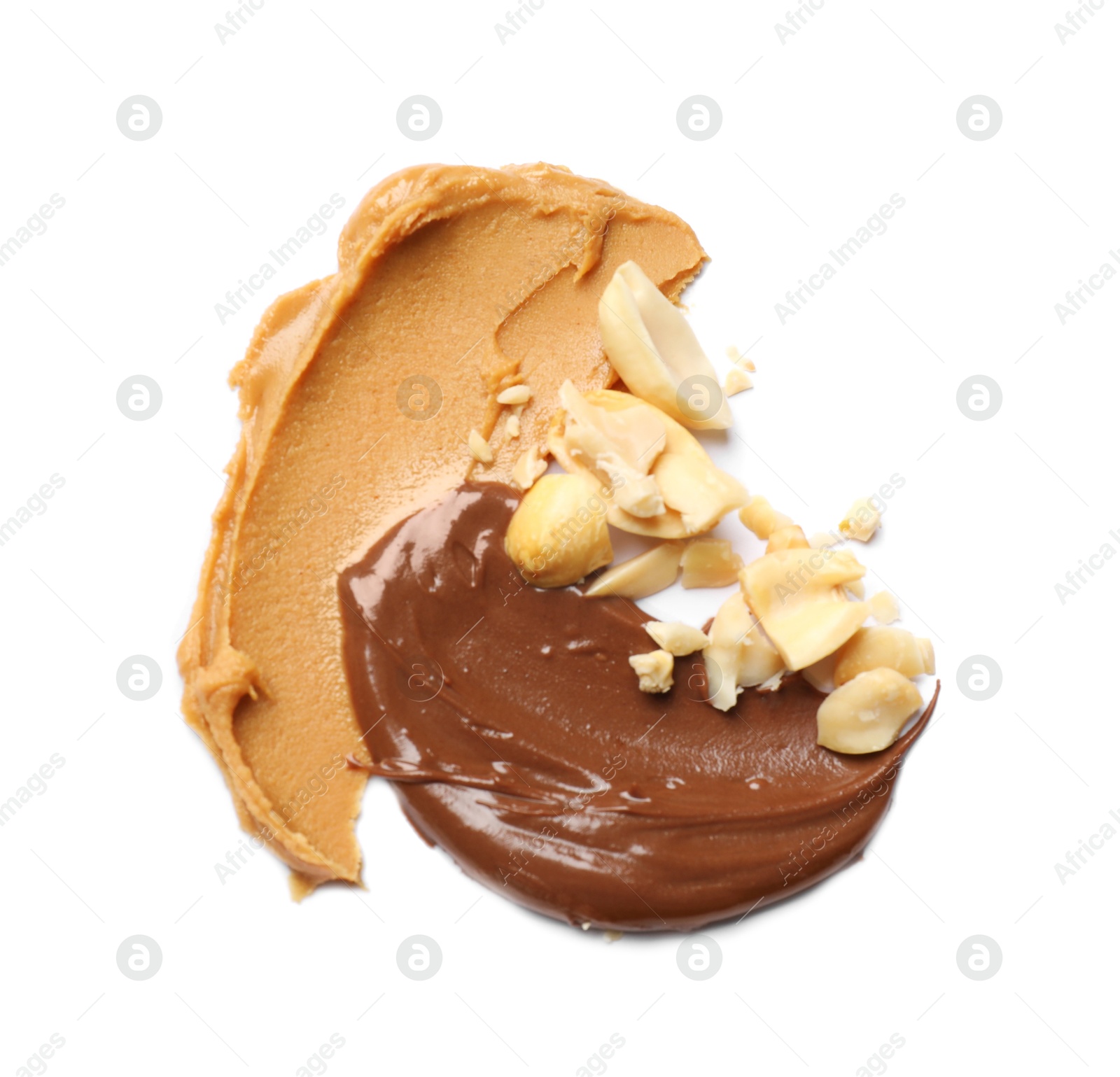 Photo of Tasty peanut butter and nuts isolated on white, top view