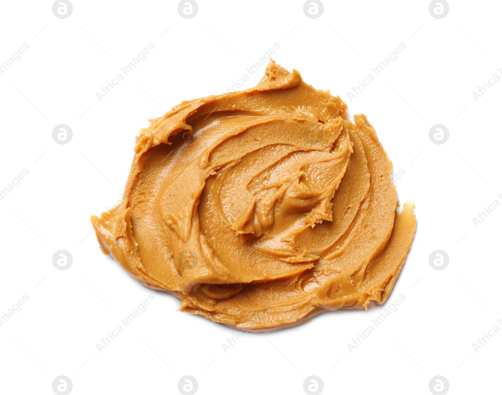 Photo of Tasty peanut butter isolated on white, top view