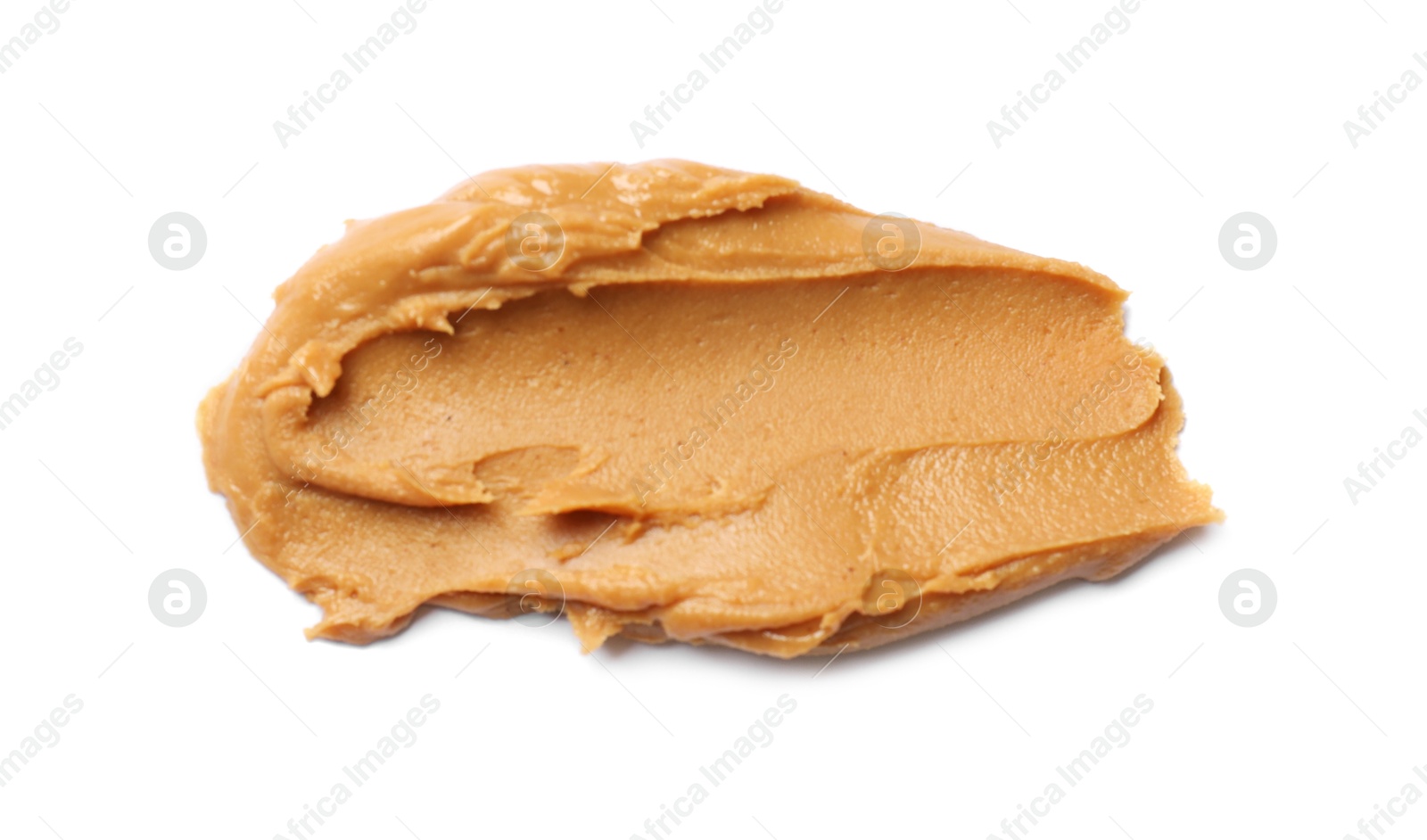 Photo of Tasty peanut butter isolated on white, top view