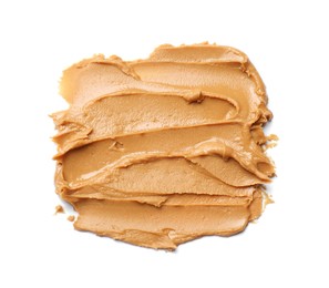 Photo of Tasty peanut butter isolated on white, top view