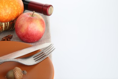 Photo of Beautiful table setting with autumnal decor on white background