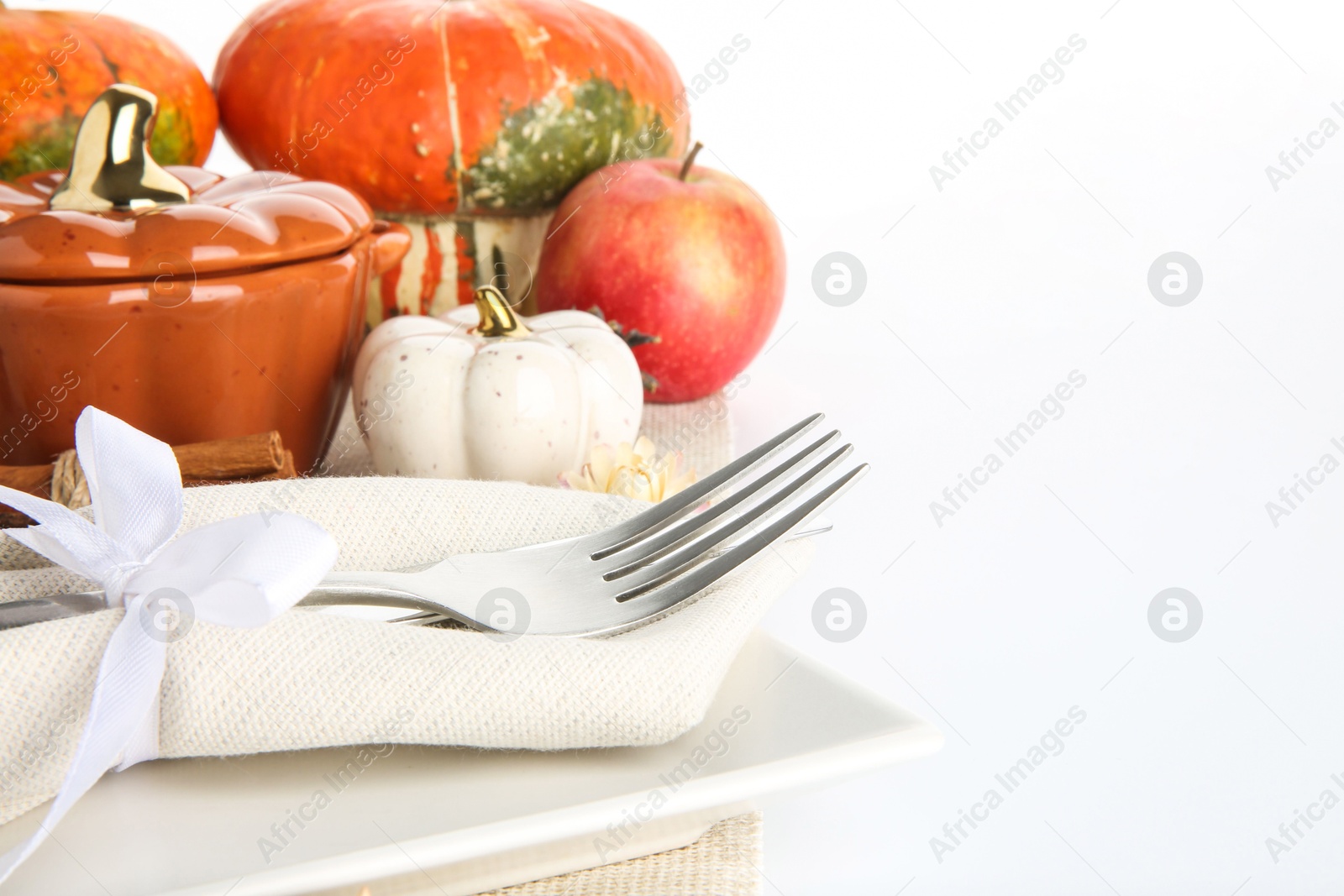 Photo of Beautiful table setting with autumnal decor on white background